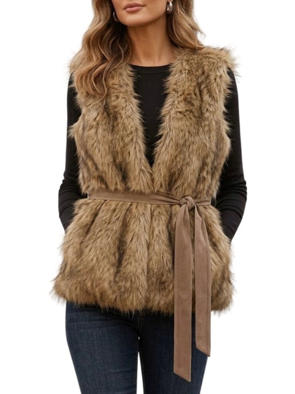 Vintage Juicy Couture Tan Faux Fur Tie Waist Sleeveless Plush Vest S